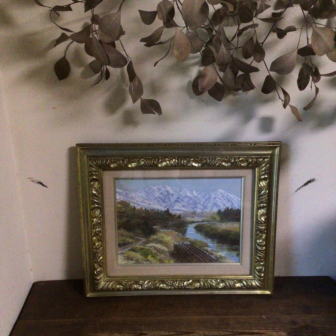 No4035額装　佐田光「南駒ヶ岳」　油彩画　F4号　直筆サイン　美術　送料無料