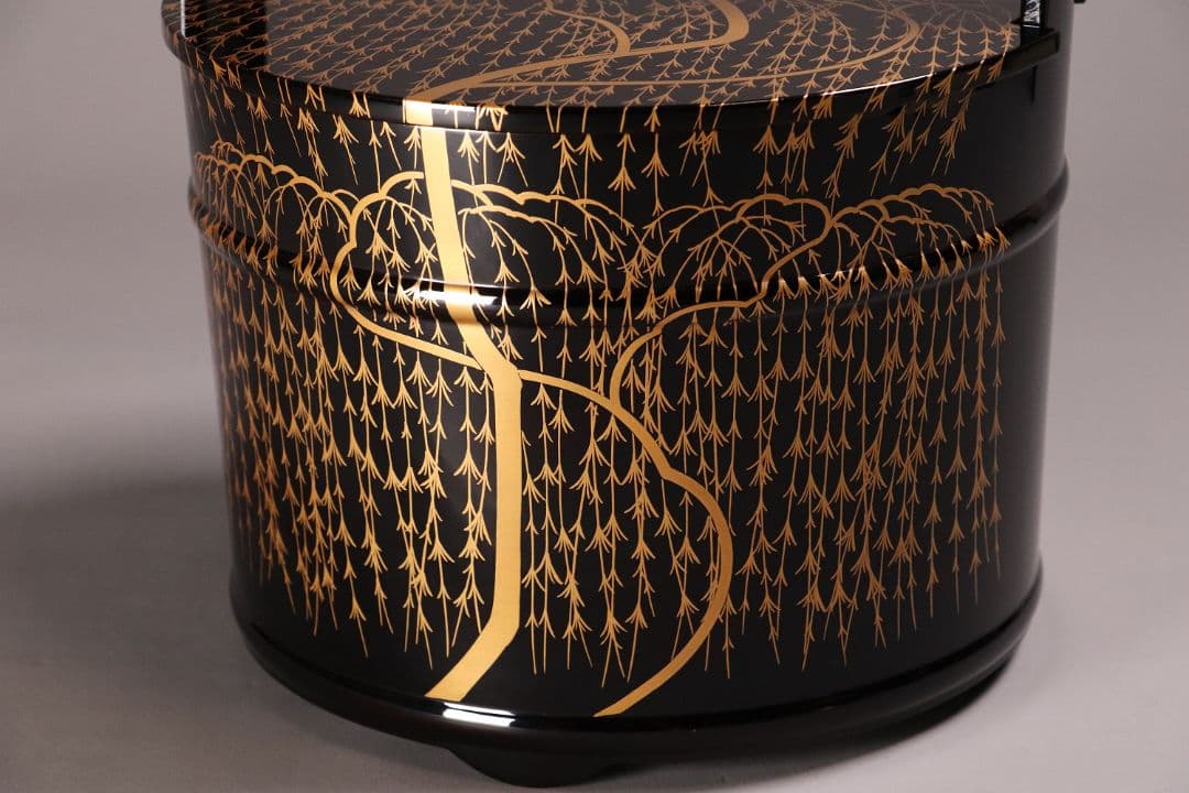 茶道具 輪島塗 若島孝雄 柳 金蒔絵 手桶 水指 共箱 黒塗 木製【MA187】