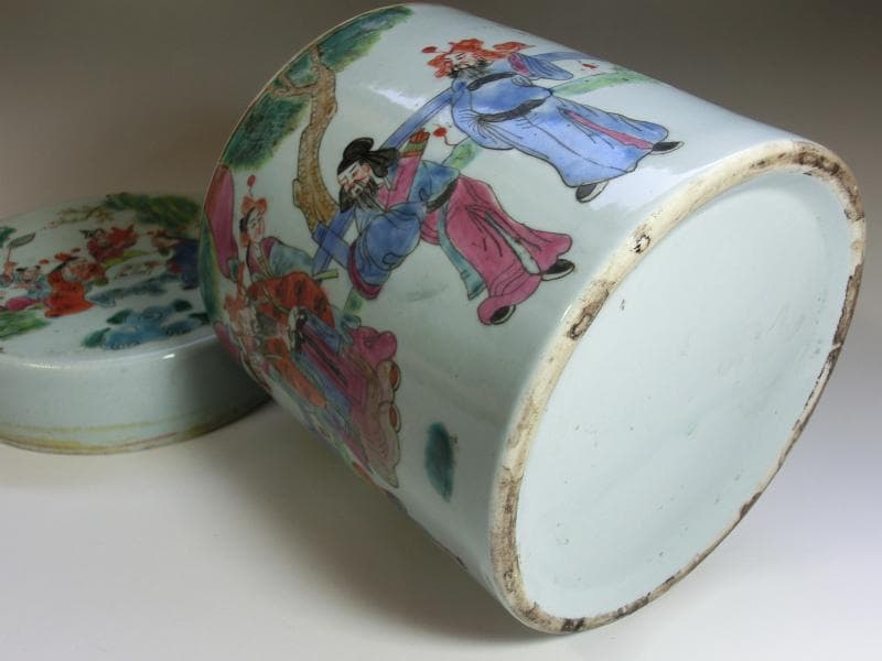 蓋物■中国陶磁器人物色絵合子 茶入 桃松 唐人 蓋鉢 丸筒鉢 入物 古玩 骨董■