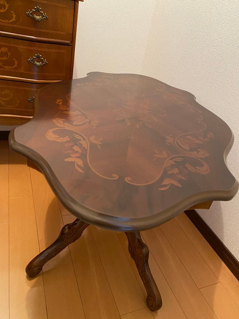 猫脚　象嵌イタリア製　木製テーブル　【注意】地域にては問い合わせ必須