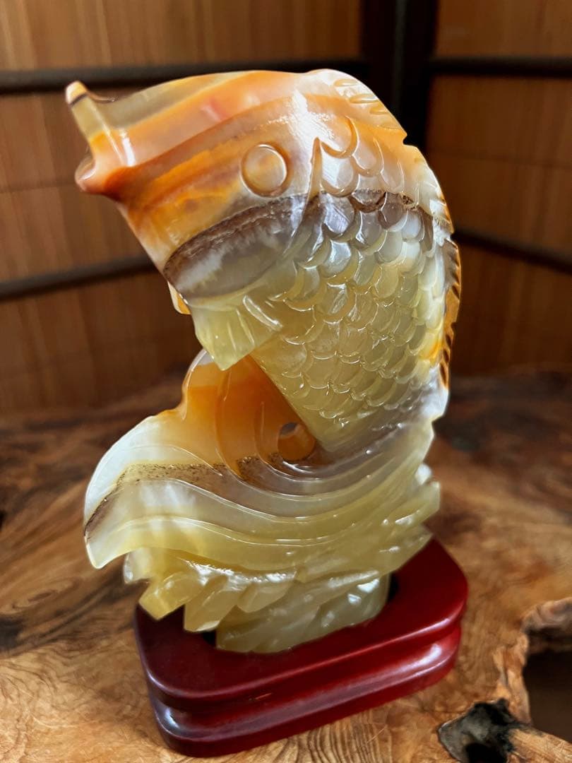 中国美術 時代 瑠璃 玉 昇鯉 台座付き