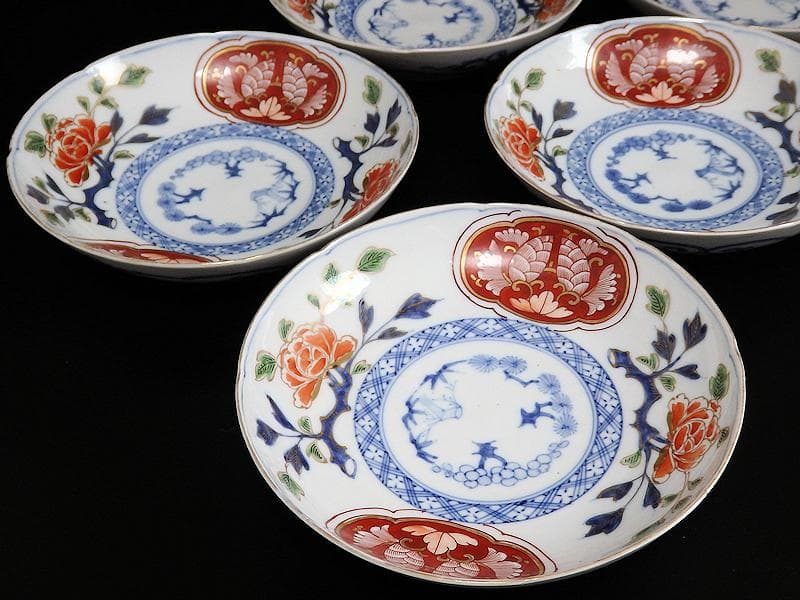 大聖寺伊万里　金襴手　牡丹に松竹梅の図　６寸皿　５枚　B269AS-BGi