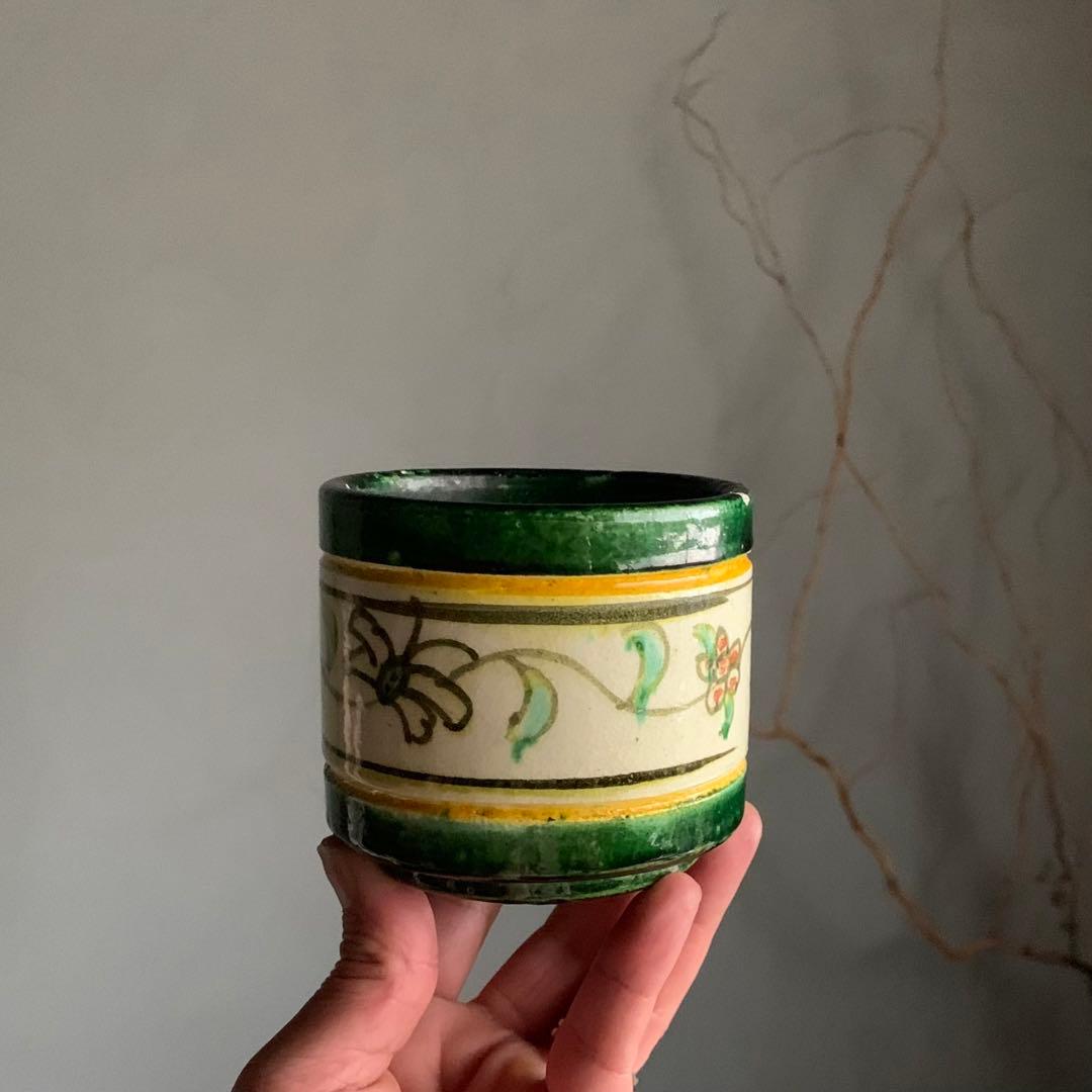 緑釉にしゃれた花柄の筒 筒茶碗 火入 京焼 古美術 古道具 アンティーク 茶道具
