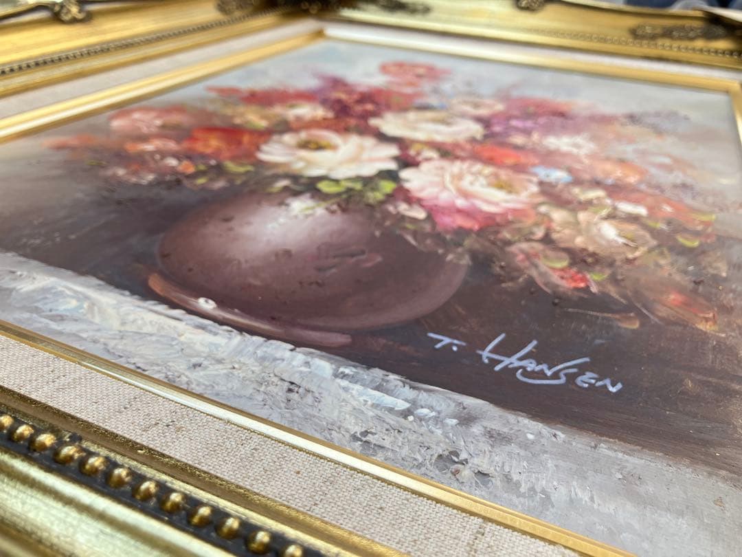 油彩画 油絵 花瓶の花 T.HANSEN バラ