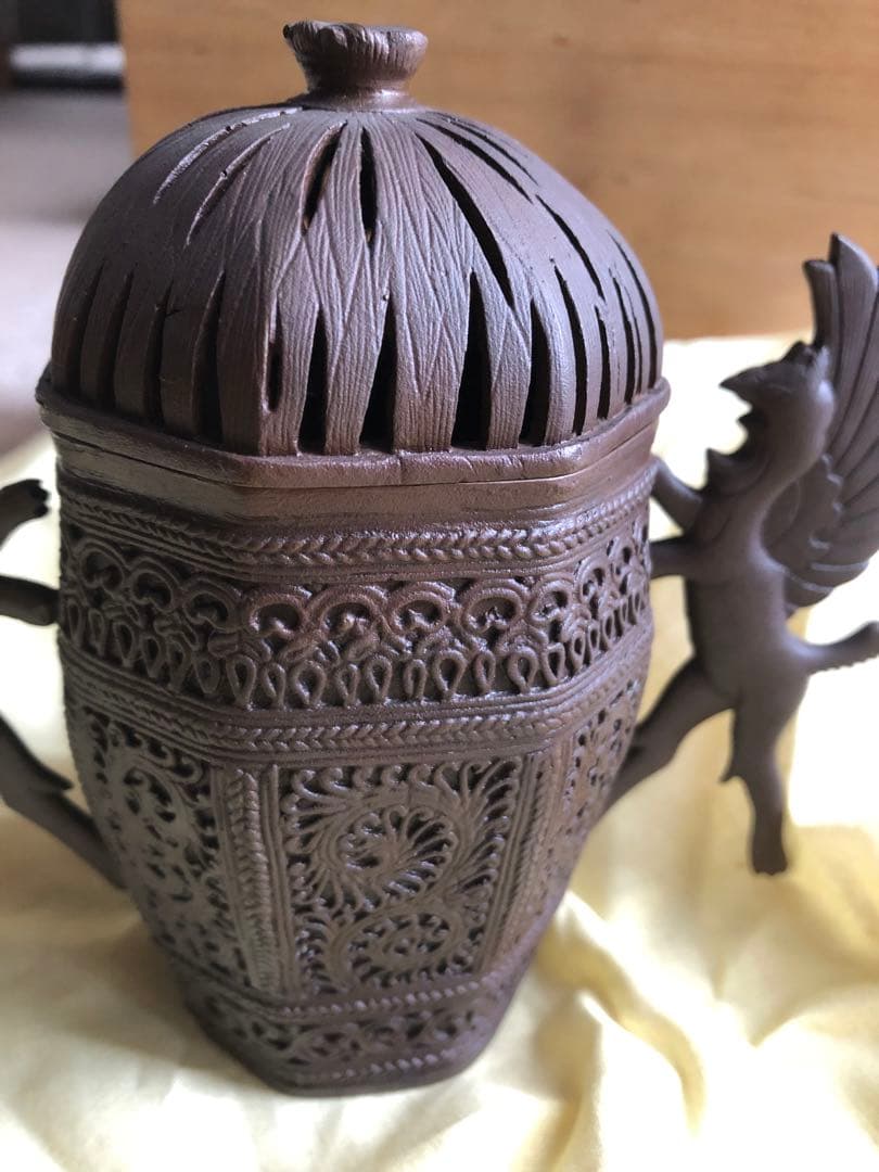 蠟型　鋳銅　麟鳳紋　香炉　長柄雅博作　共箱入