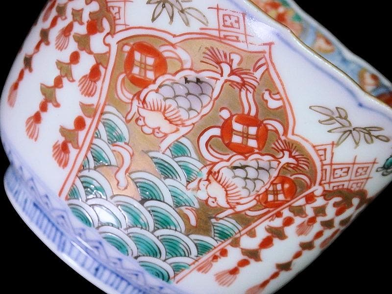 古伊万里　瓔珞紋に松竹梅　獅子に青海波の図　向付　３客　E766AS-fbtr