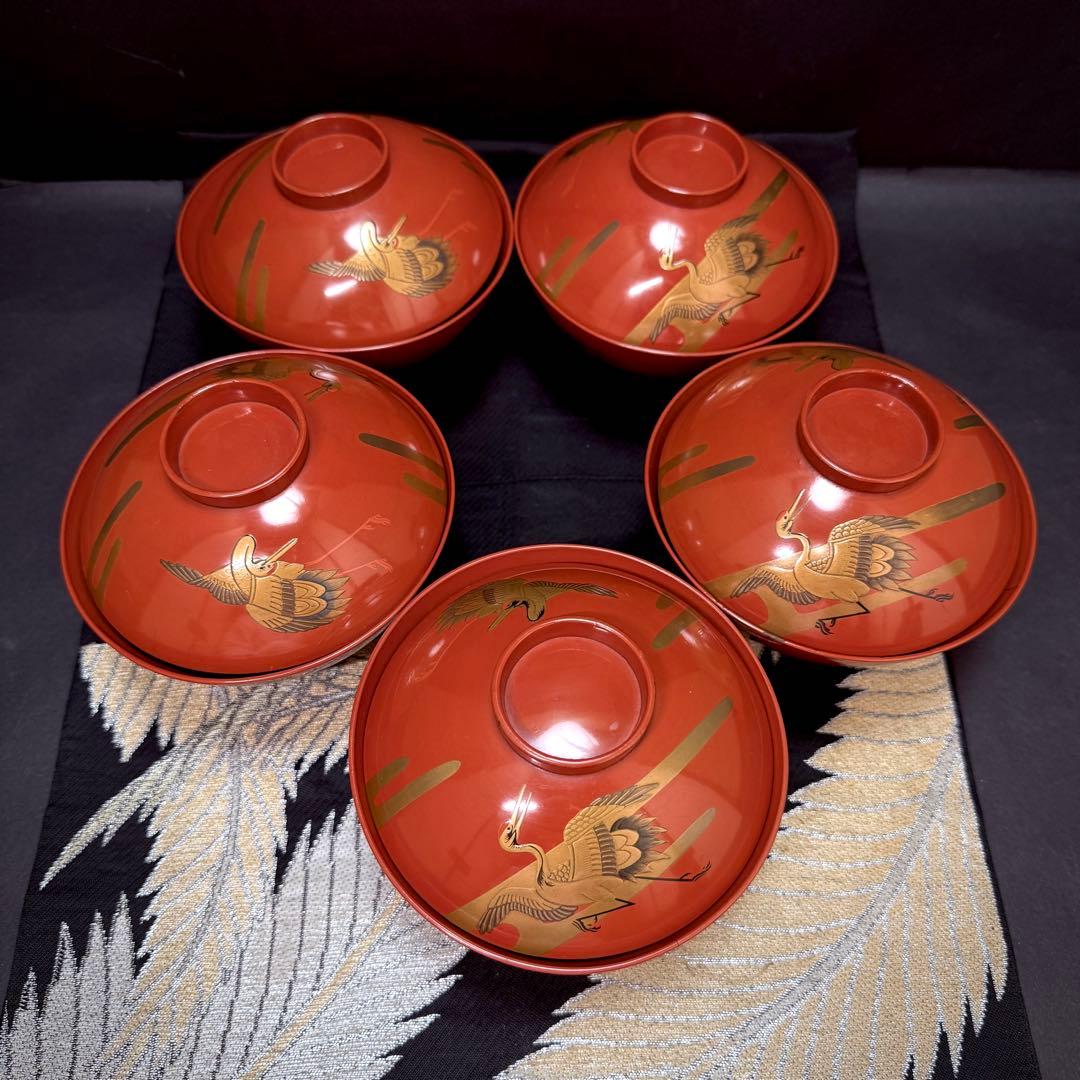 漆器　輪島塗　金蒔絵松鶴文　木製　蓋付椀　お煮物椀　吸物椀　5客　骨董品