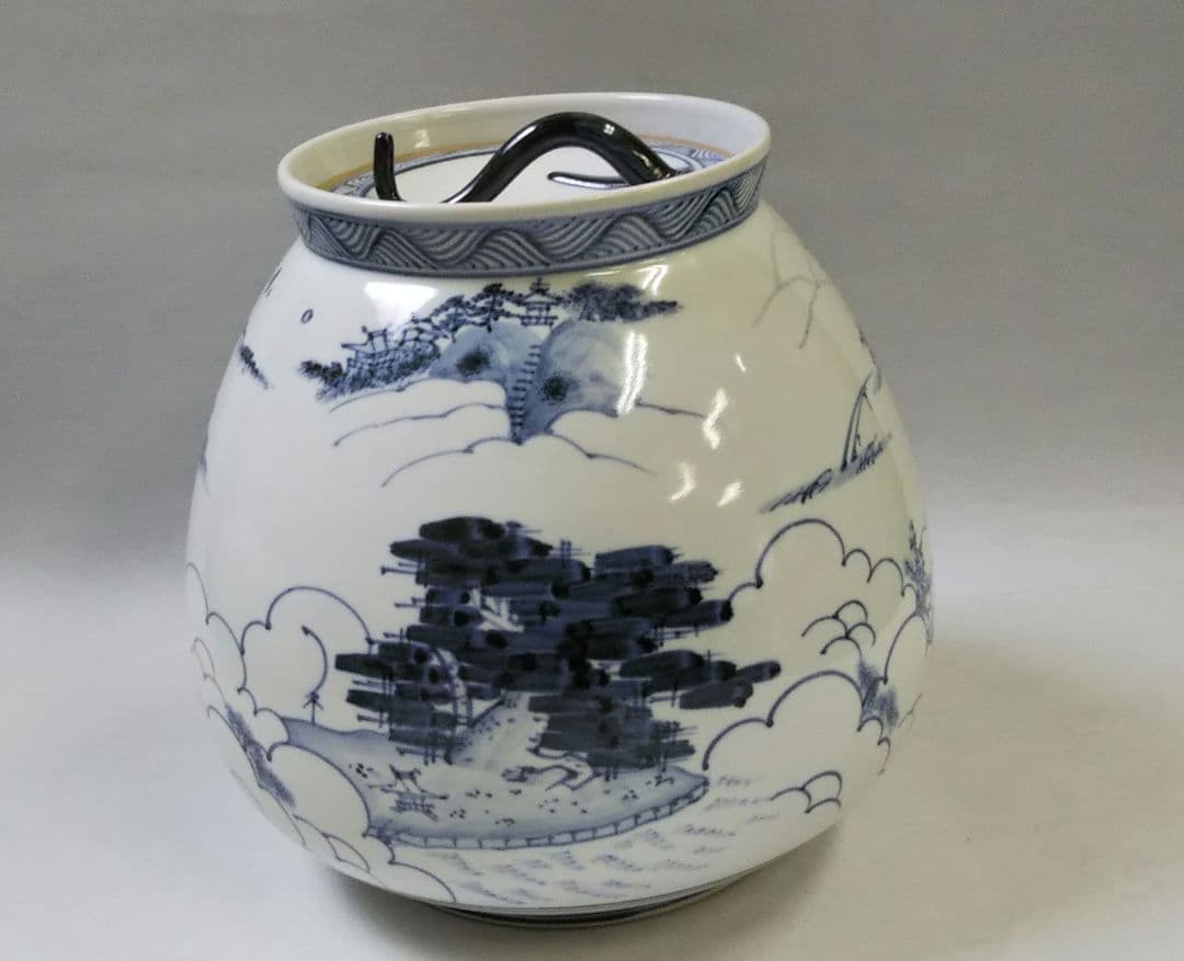 最後特価 茶道具 水指 膳所焼 染付 近江八景 芋頭 ぜぜ 陽炎園 岩崎新定