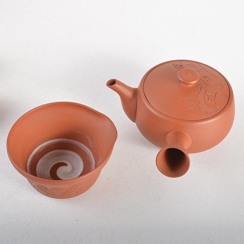 朱萬古焼　白雲陶園　朱泥　急須　湯冷　煎茶碗五客　煎茶器揃　共箱　6203C