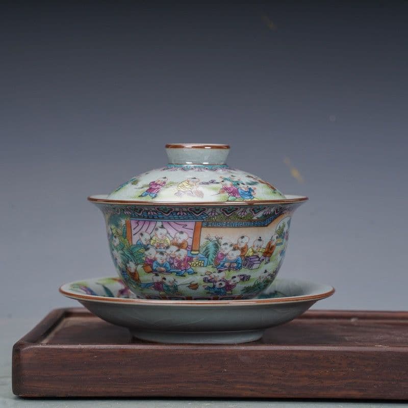 景徳鎮 陶磁器 百子図三才蓋碗 茶碗 茶道具 煎茶器 新品未使用