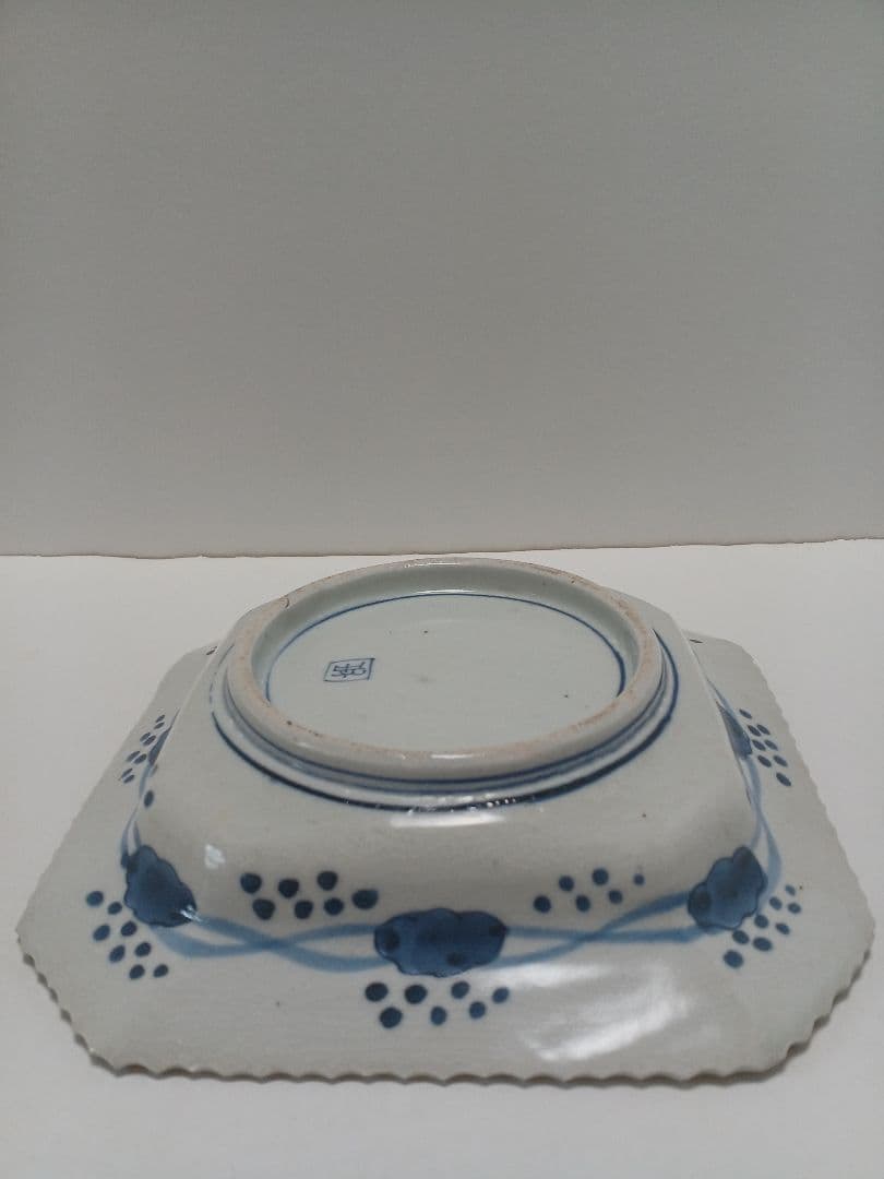 骨董伊万里　線描　染付　鳳凰文　角皿　隅切　1客