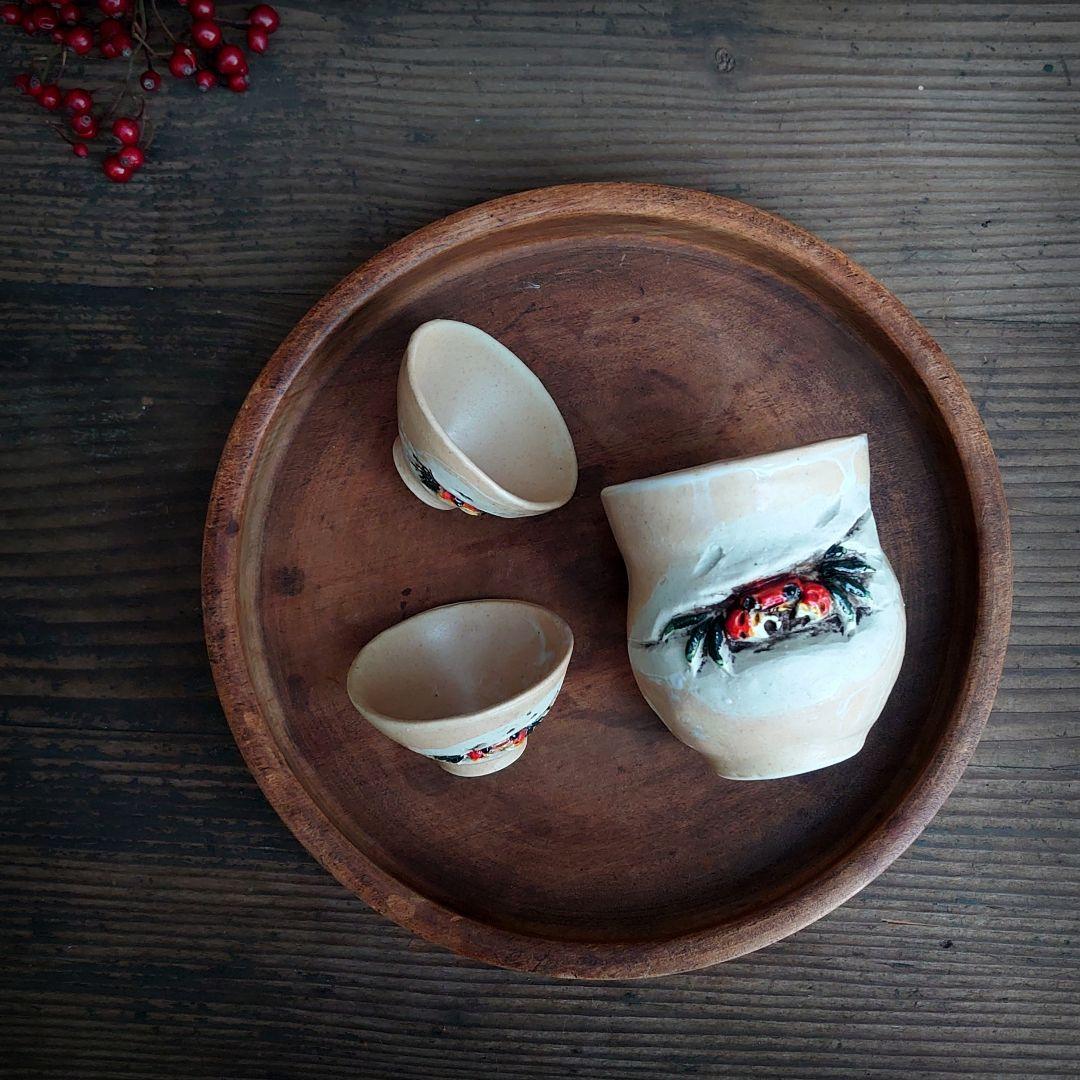 天神蟹の湯呑み1客とお猪口2枚 骨董 陶芸 伝統工芸品