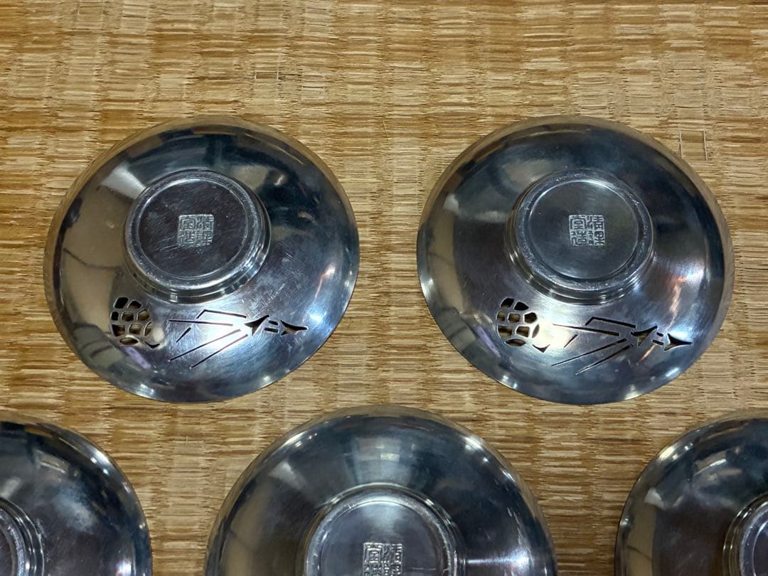 錫製 精課堂造 透かし 圓式茶托 五客 共箱