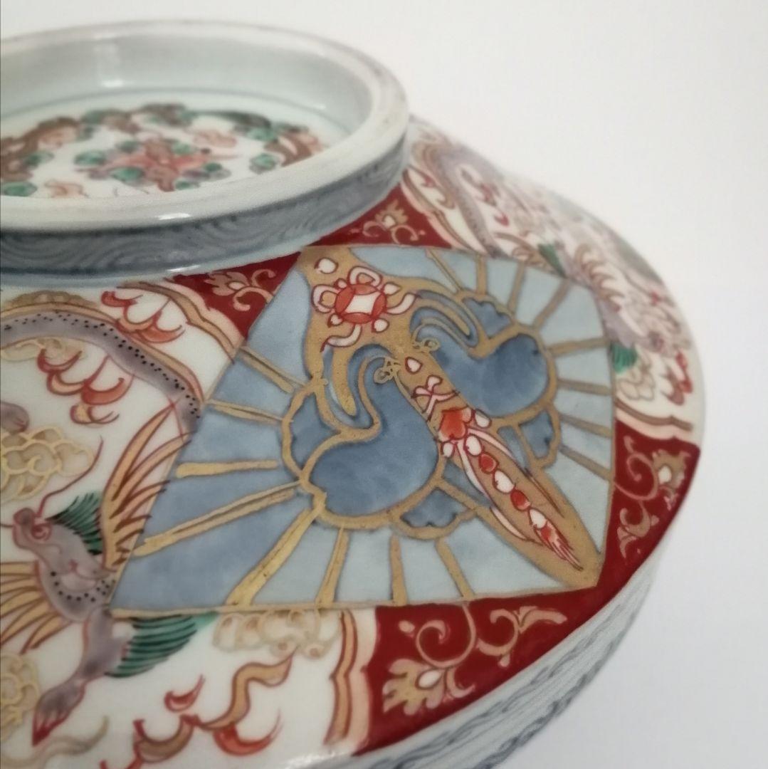 古伊万里　蓋物　色絵金彩　鳳凰と龍の図　食籠