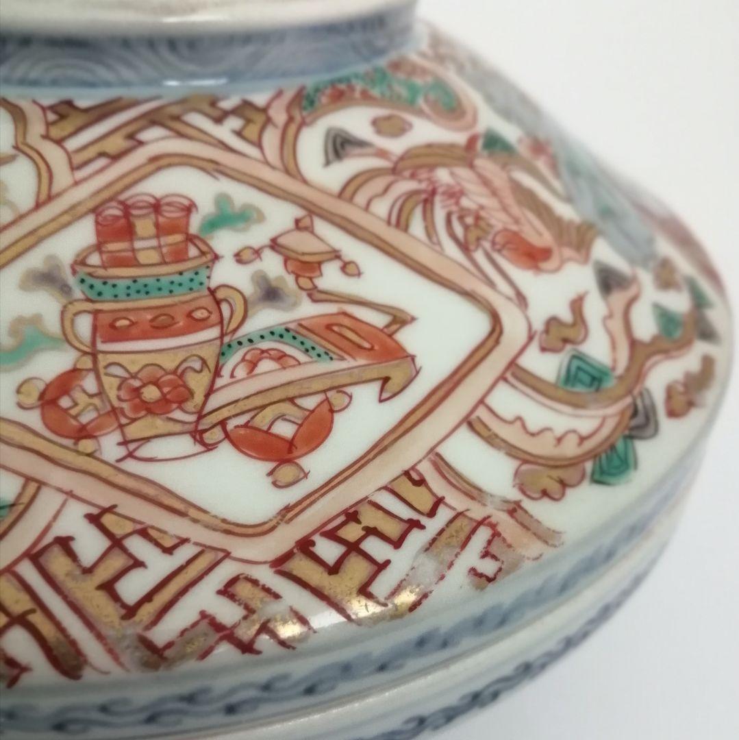 古伊万里　蓋物　色絵金彩　鳳凰と龍の図　食籠