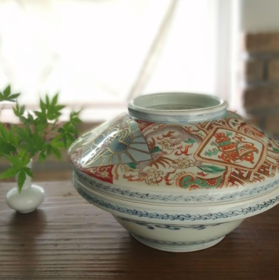 古伊万里　蓋物　色絵金彩　鳳凰と龍の図　食籠