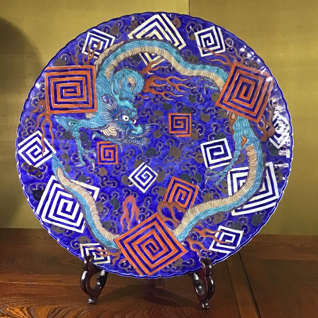 古伊万里色絵　「雷雲飛龍図」　特大献上大皿径58㎝　江戸時代後期〜明治期