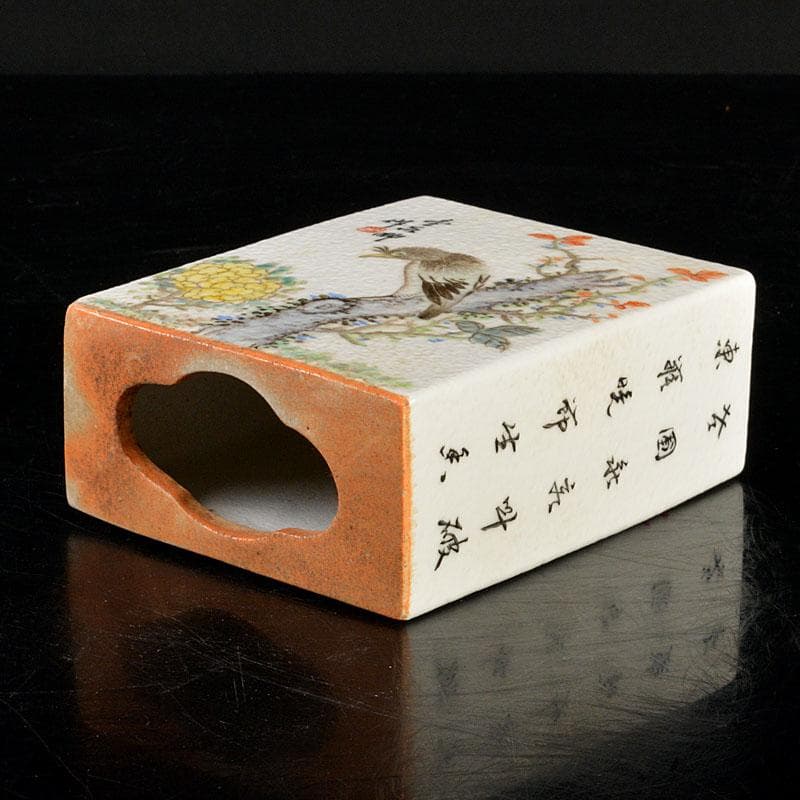 中国　粉砕　漢詩花鳥文　香炉　陶枕　C　6703E