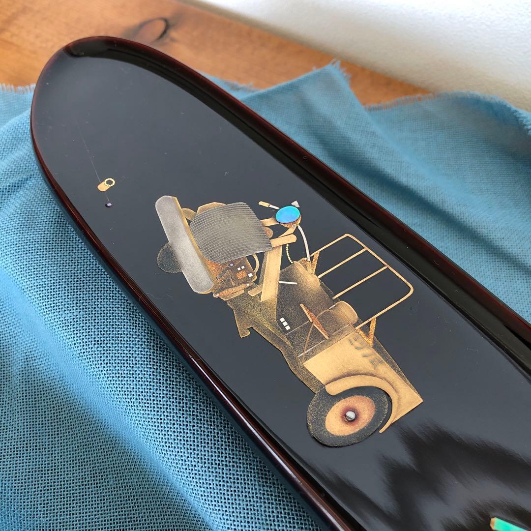 箱瀬淳一　長方ペン皿　40cm漆器　水野式　自動三輪車　蒔絵　飾り皿　輪島塗長皿