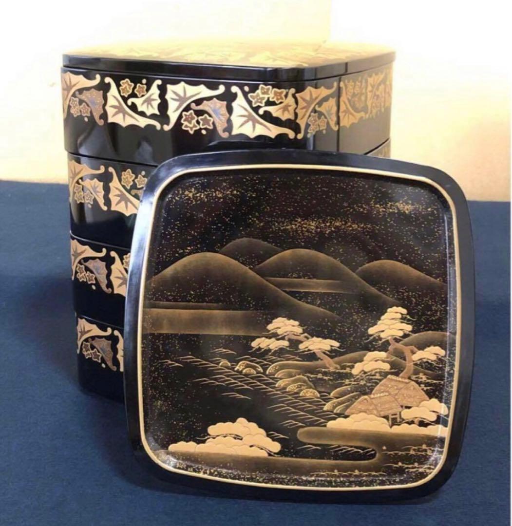 《レ》黒内銀梨地 蒔絵四段重 替蓋付 木製漆器 木箱　251113え1