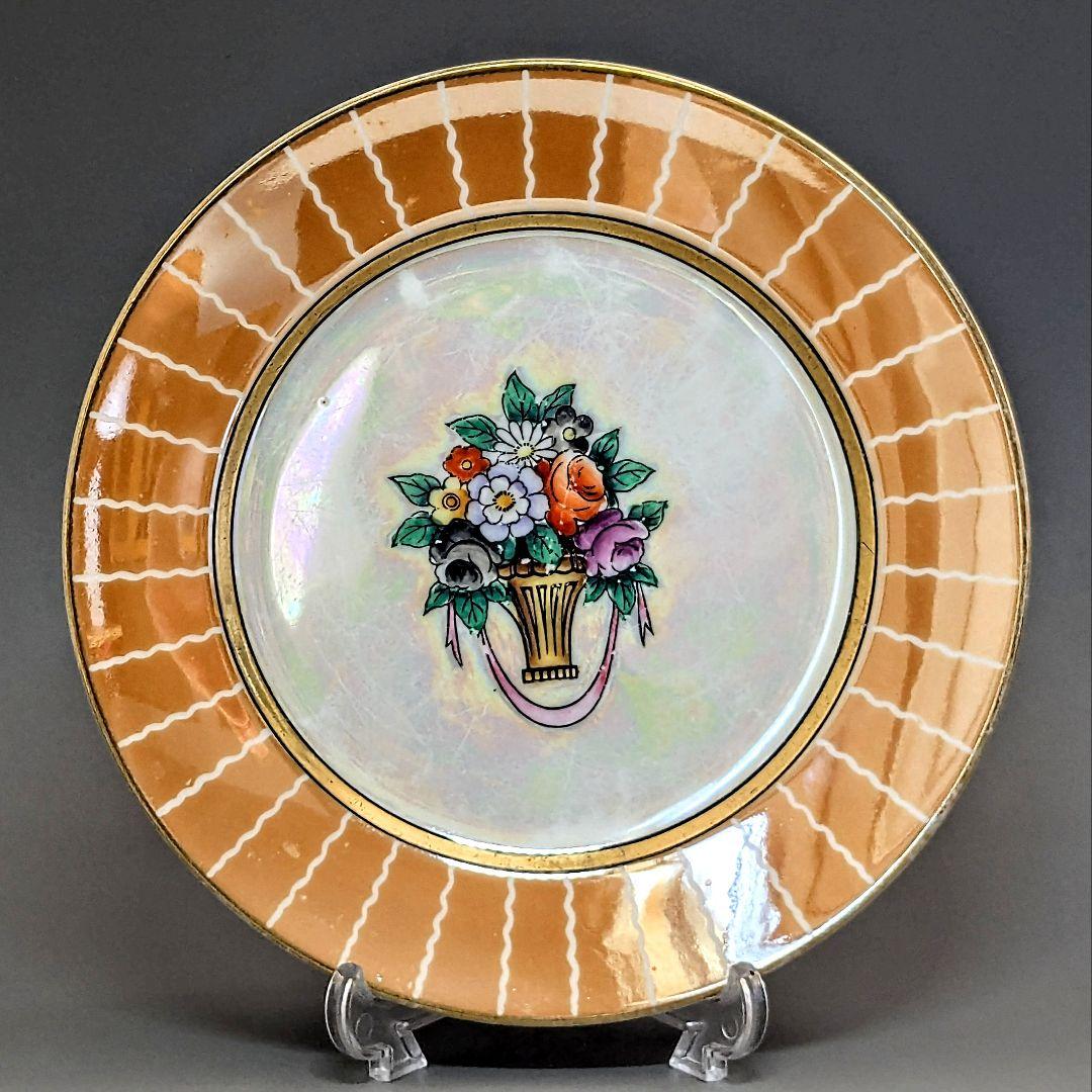 オールドノリタケ アールデコ期大銘品！金彩虹ラスター花籠絵図キャビネット トリオ