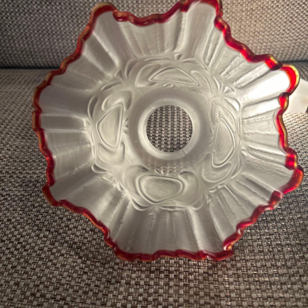 ランプシェード　フロストガラス　赤縁フリル　昭和レトロ　日本製　(14)