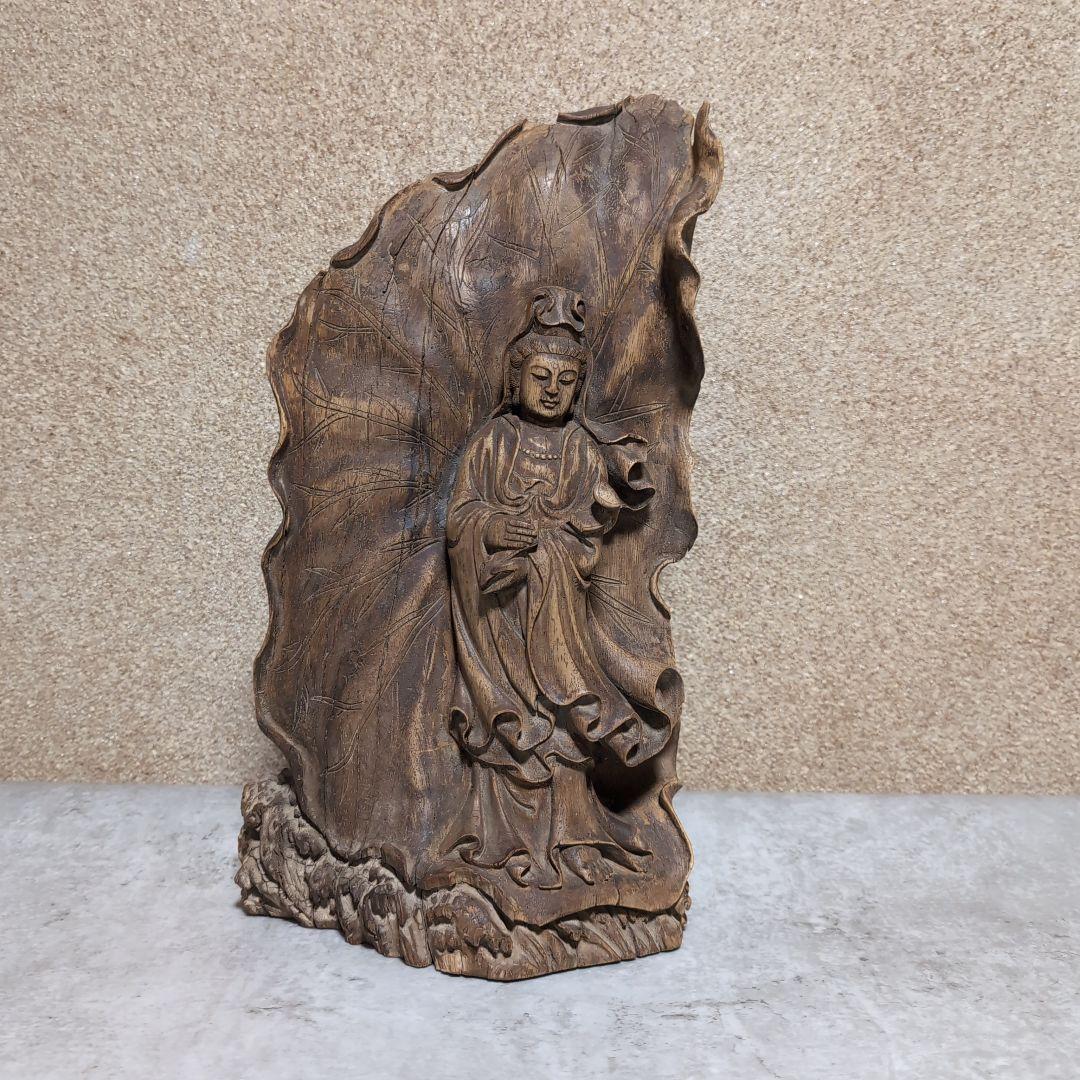 天然木 彫刻 観音像 流木造り レリーフ 木彫り 仏像 高さ36.5cm
