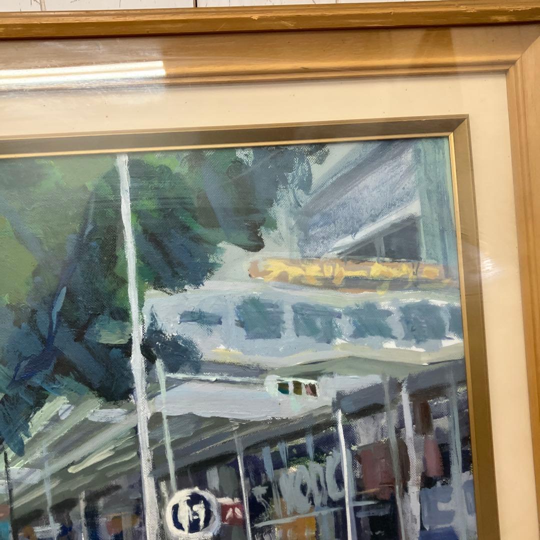 昭和レトロ 商店街街並み 風景画 油絵 油彩画 絵画 額装 木製 額縁 繁華街