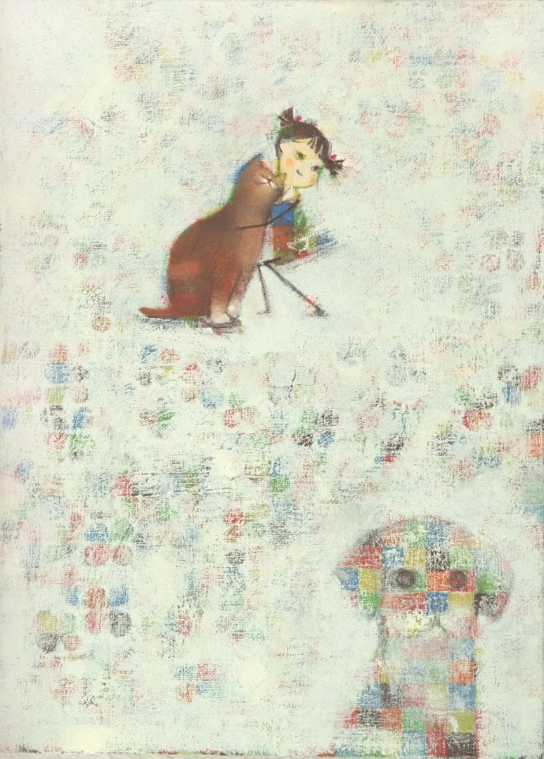 油絵 菅家令子 絵 絵画インテリア額付(黒) F4-072419 子猫犬 女の子