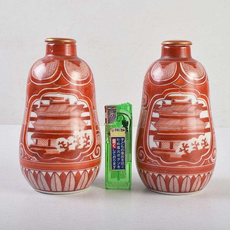 九谷焼　古九谷　赤絵　花鳥文　徳利　在銘　一對　時代箱付　V　R9270