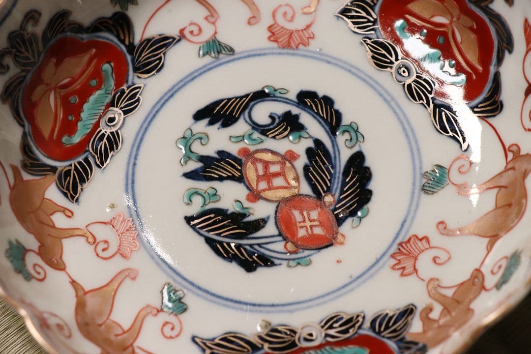 冨貴長春 古伊万里 花唐草獣図 色絵 なます皿 六客 中皿 鉢 錦手【CM12】