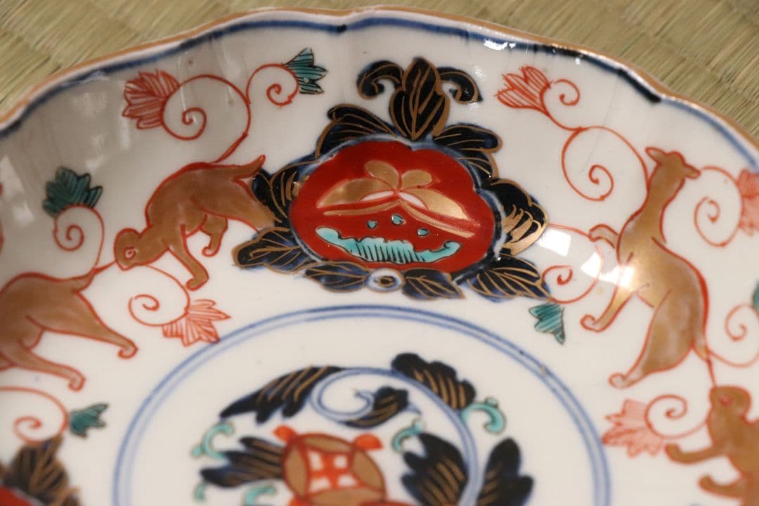 冨貴長春 古伊万里 花唐草獣図 色絵 なます皿 六客 中皿 鉢 錦手【CM12】