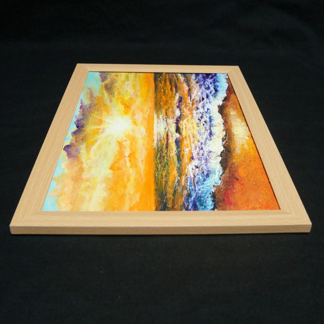 油絵 油彩 油彩画 絵 絵画【夕日に染まる海】A4