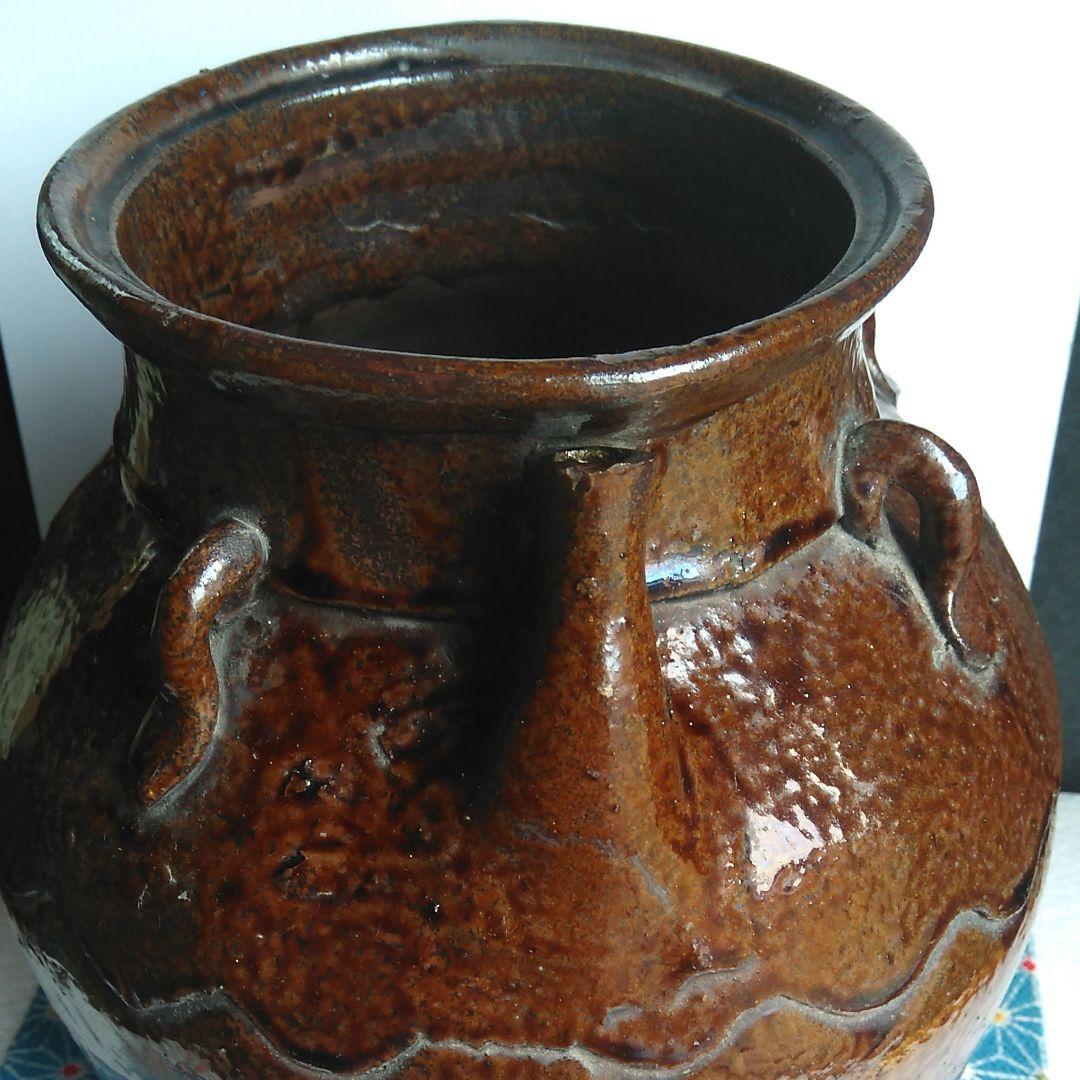 飴釉四片耳付壺