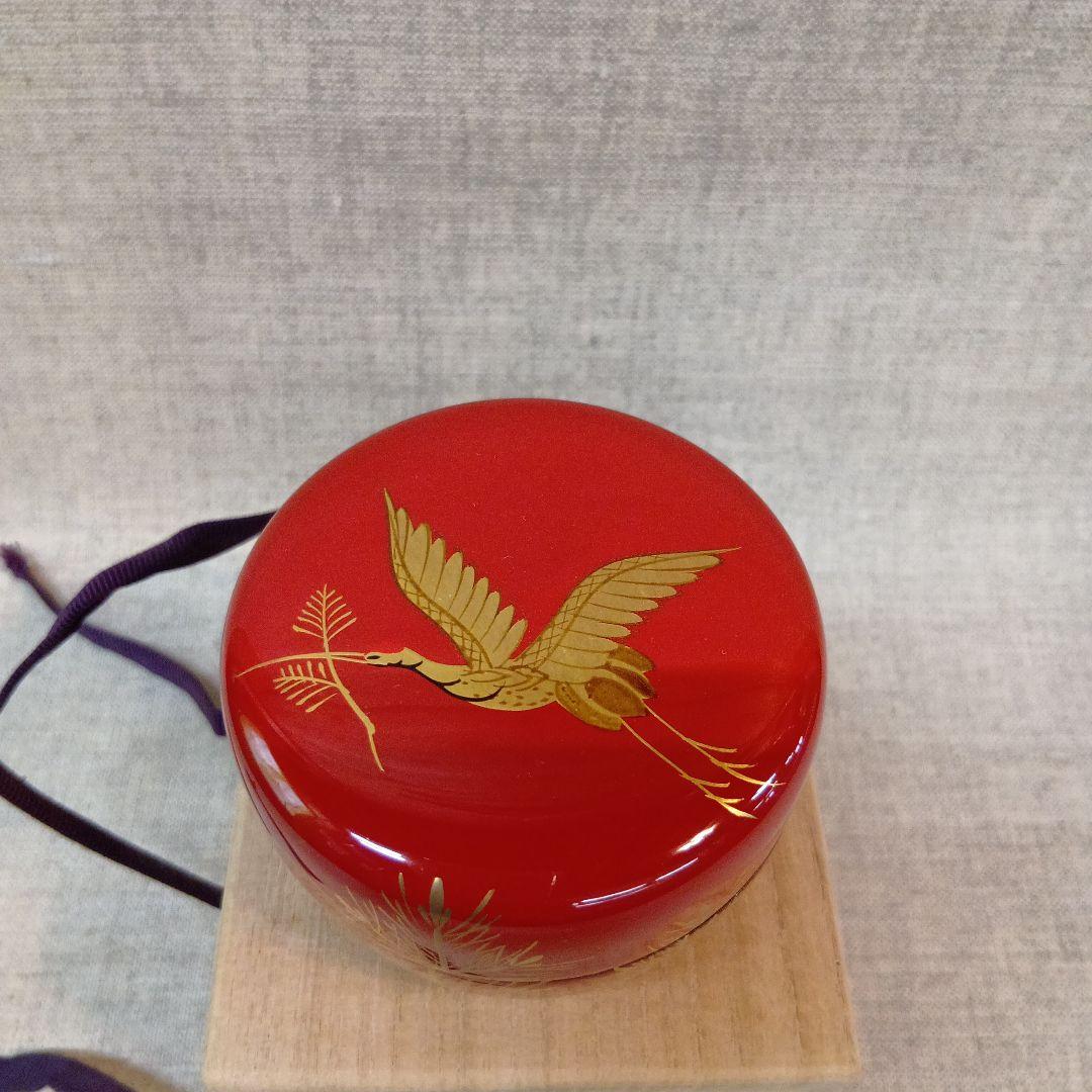 赤い茶道具 棗 金色の鶴と紅葉　未使用長期保管品　若松二鶴