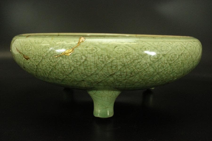 中国美術 七官青磁 三足 水盤 瓶掛 時代物(A880)