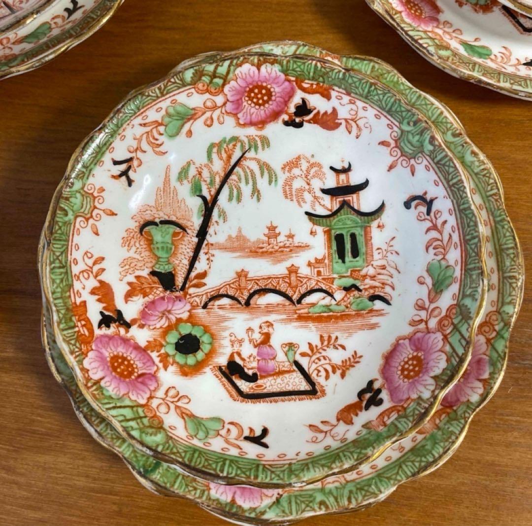 英国窯初期のアンティーク　カップ　ソーサー　プレート　シノワズリ c1880