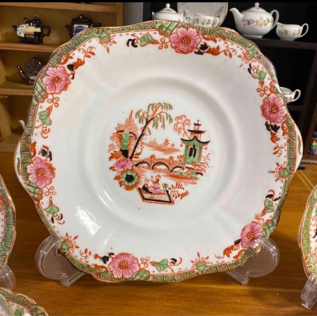 英国窯初期のアンティーク　カップ　ソーサー　プレート　シノワズリ c1880