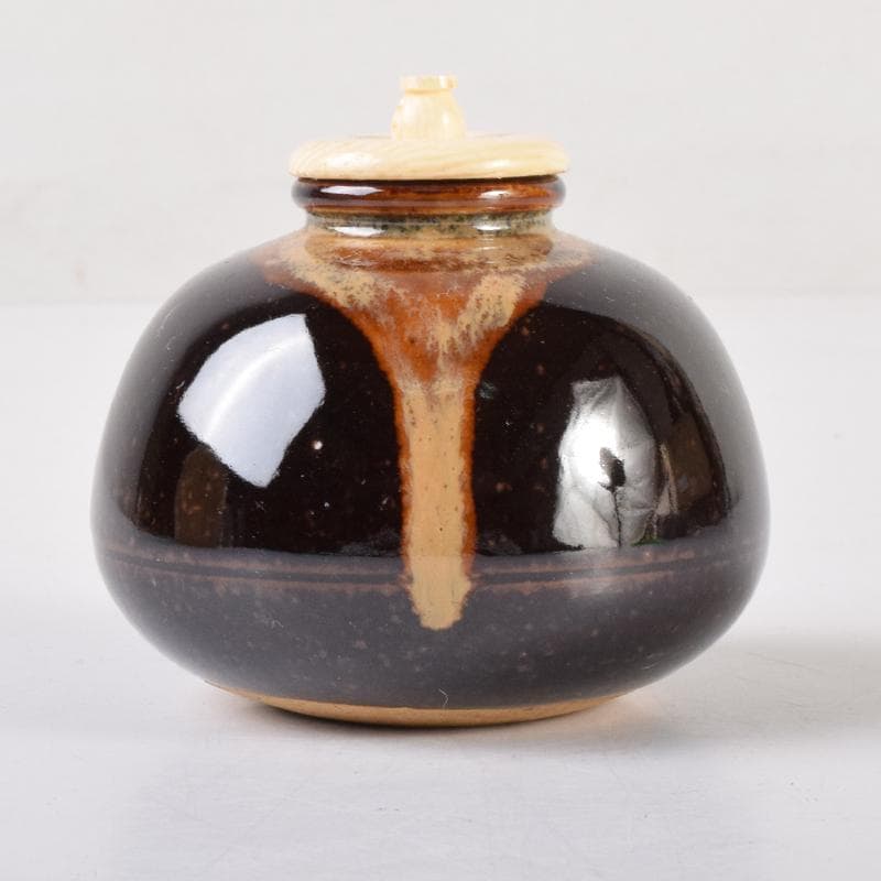 膳所焼　陽炎園造　淡海ぜぜ　茄子　茶入　仕覆付　共箱　M　7080