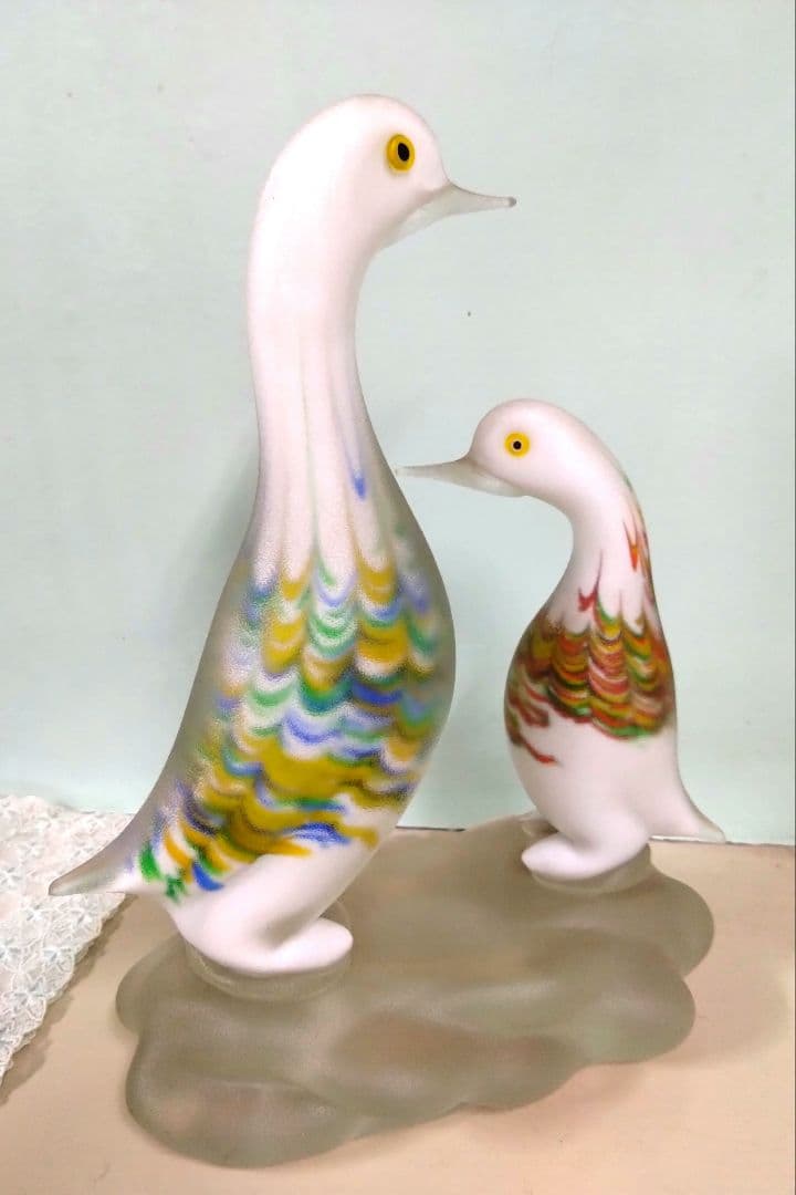 ベネチアングラスの置き物　2羽の鳥　フロストガラスコーティング　ハンドメイド