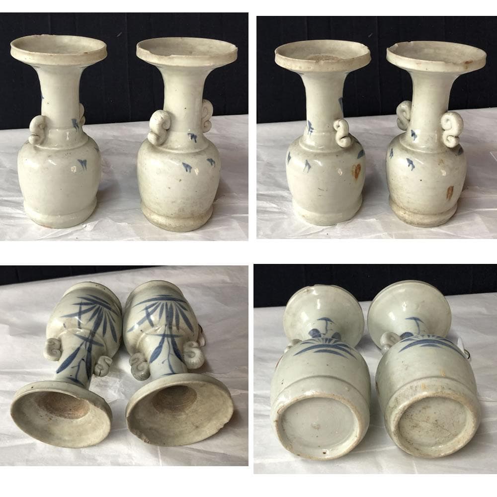 w148 古伊万里 染付 仏花器 一対 尊式花入 仏具 花入