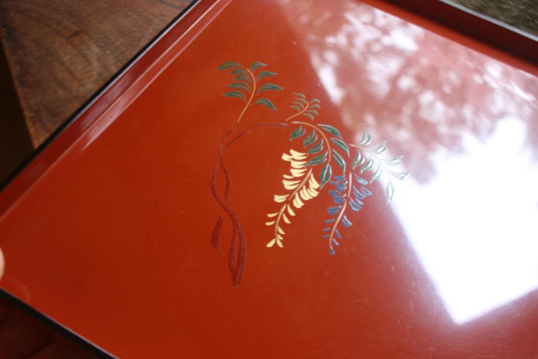 傷有参考品！時代朱漆に風情ある草花絵の映える折敷2点（検輪島塗京塗懐石膳お膳お盆