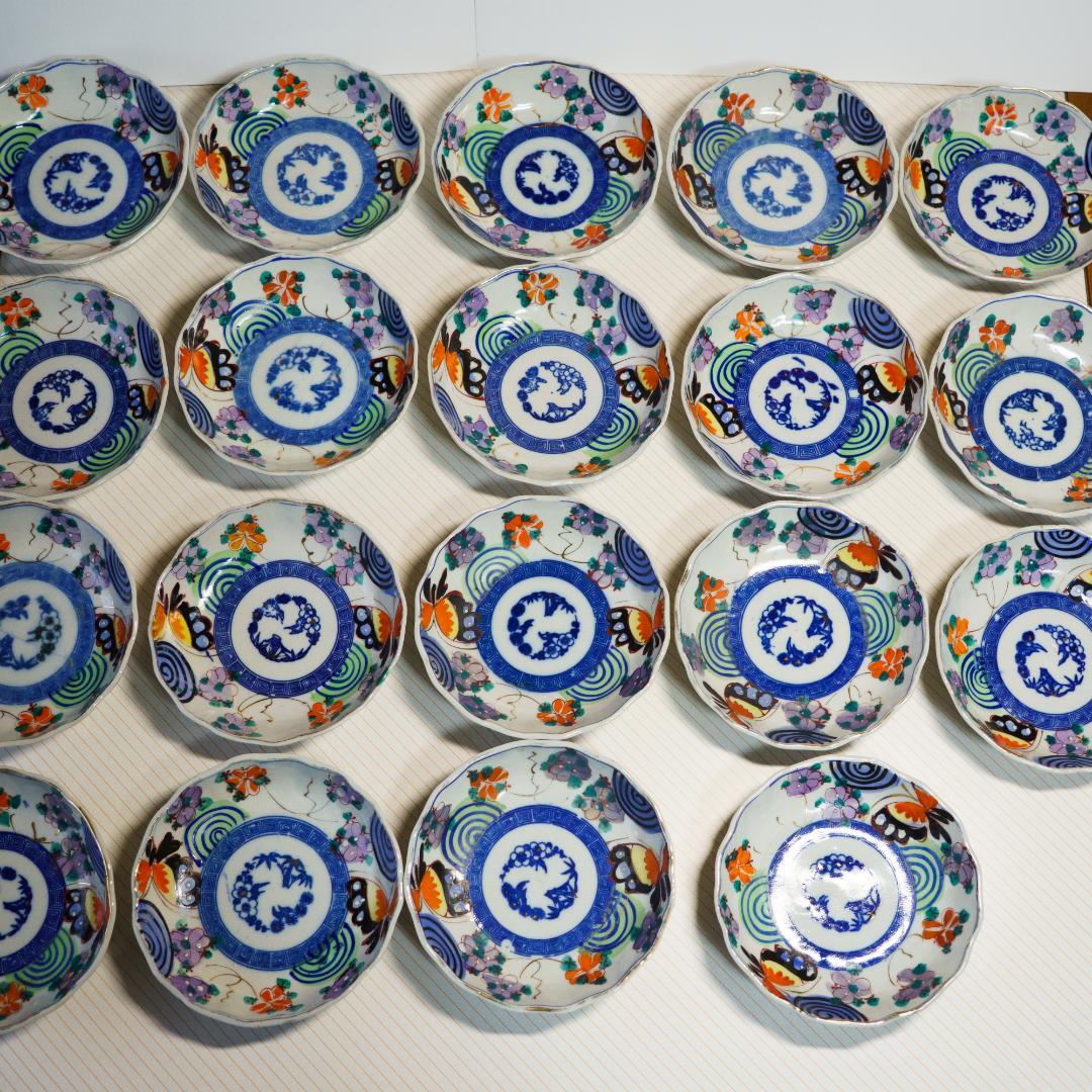 古伊万里　江戸末期～明治 錦手　金彩色絵　膾皿　なます皿　19客　木箱付