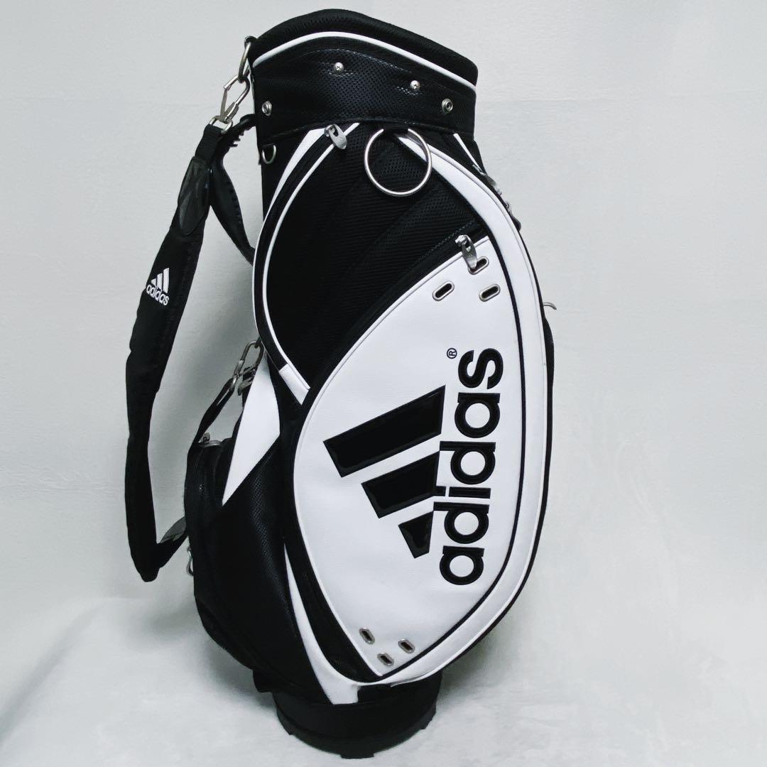 アディダス　キャディバッグ　ホワイト×ブラック　白黒　エナメル　合成皮革　9型