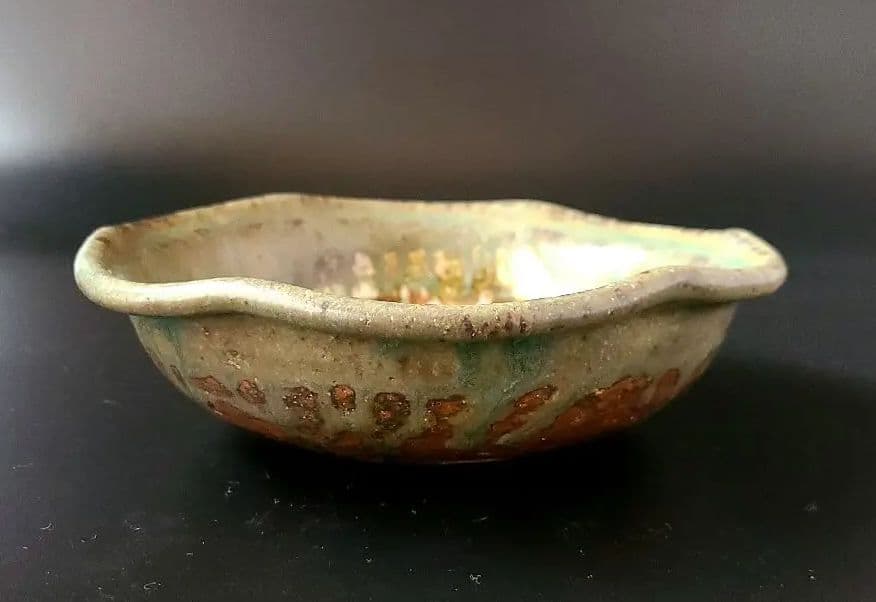 茶道具 緑釉 草花文 亀甲鉢 菓子鉢 広永窯  川北半泥子の窯 菓子器 陶芸