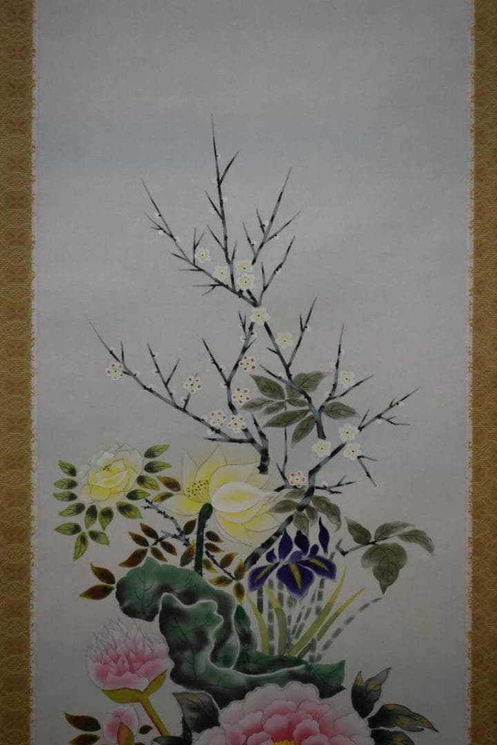 真作/横山香秋/四季草花図/桐共箱付/布袋屋掛軸HF-69