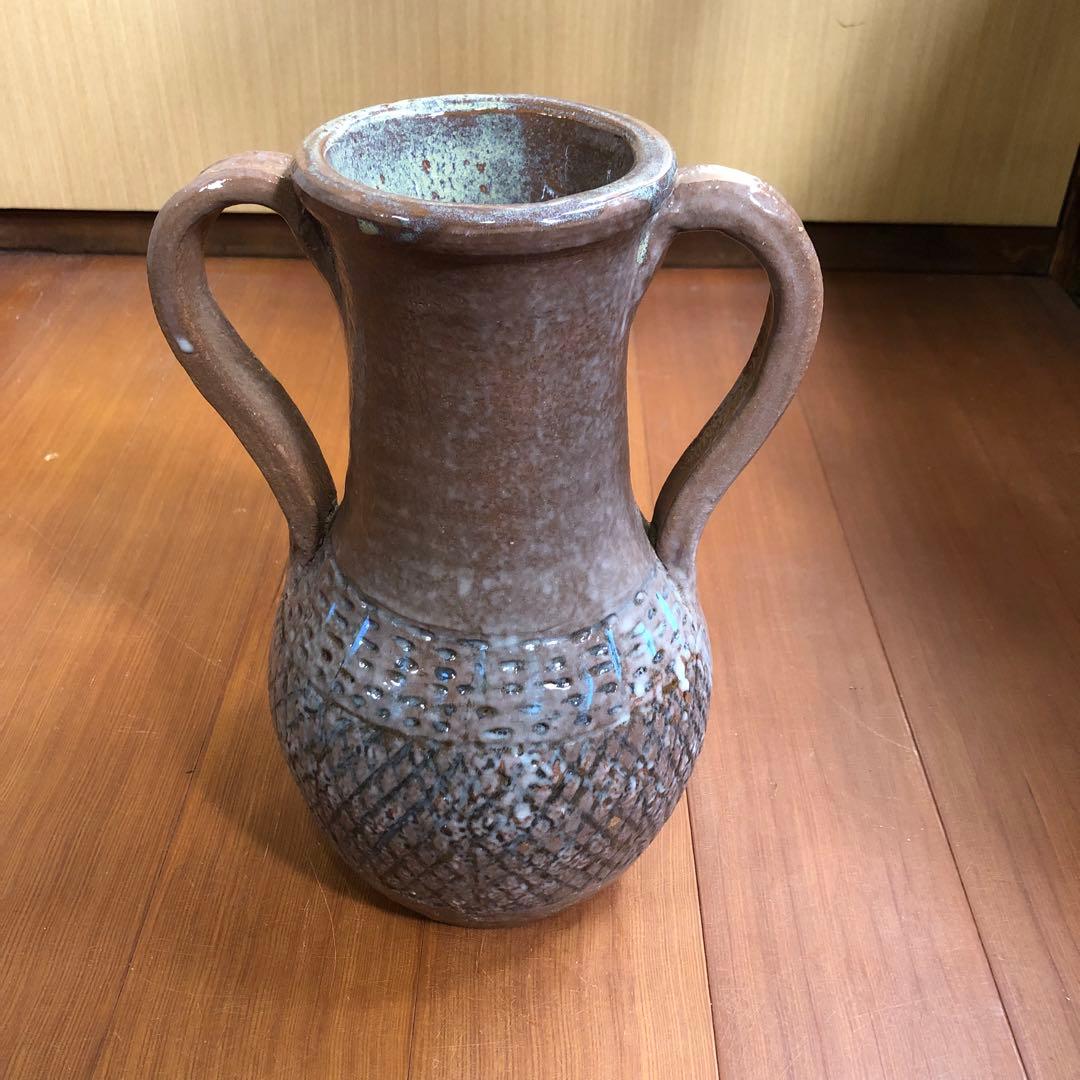 骨董品 青い光が美しい持ち手付き茶色陶器壺 茶道花道水壺 弥生式土器水瓶 作家物