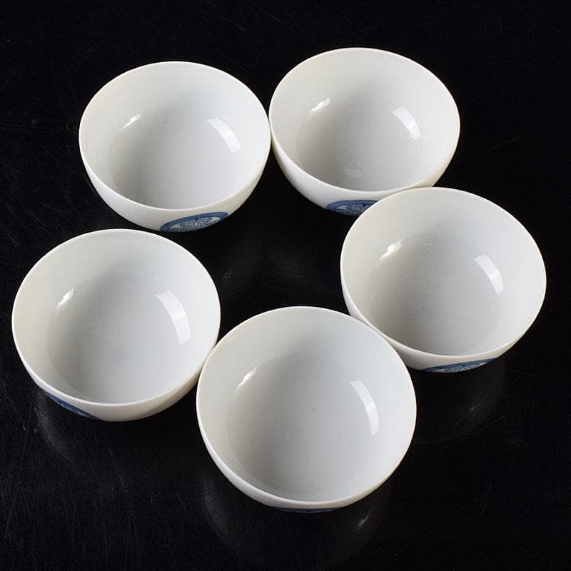 瀬戸焼　古陶園　竹鳳窯　伊藤伊平作 染付　葵紋　汲出茶碗　五客　共箱　C7352