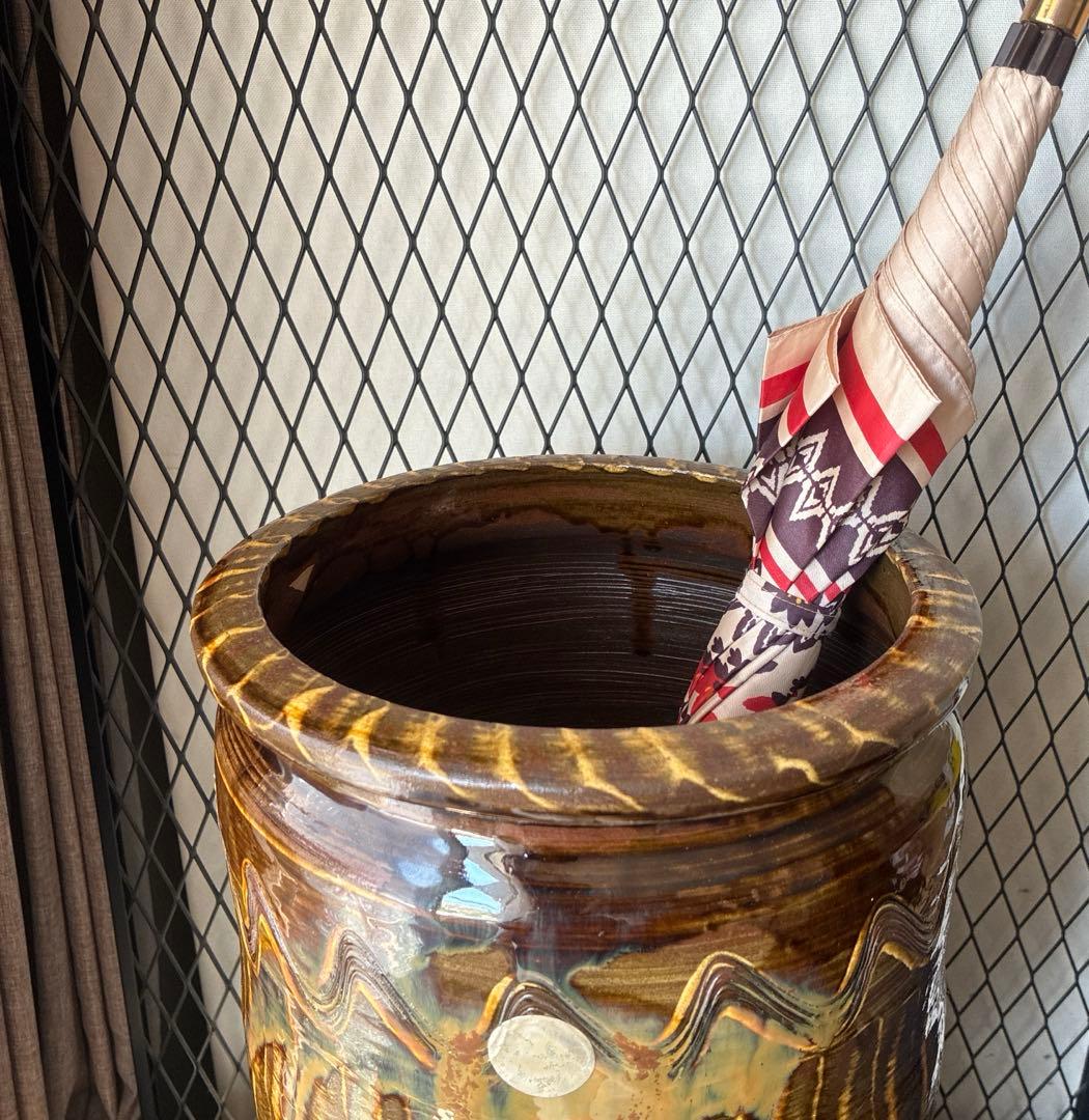 小鹿田焼　傘立て　高さ45㎝　櫛描き　刷毛目　飴　民藝