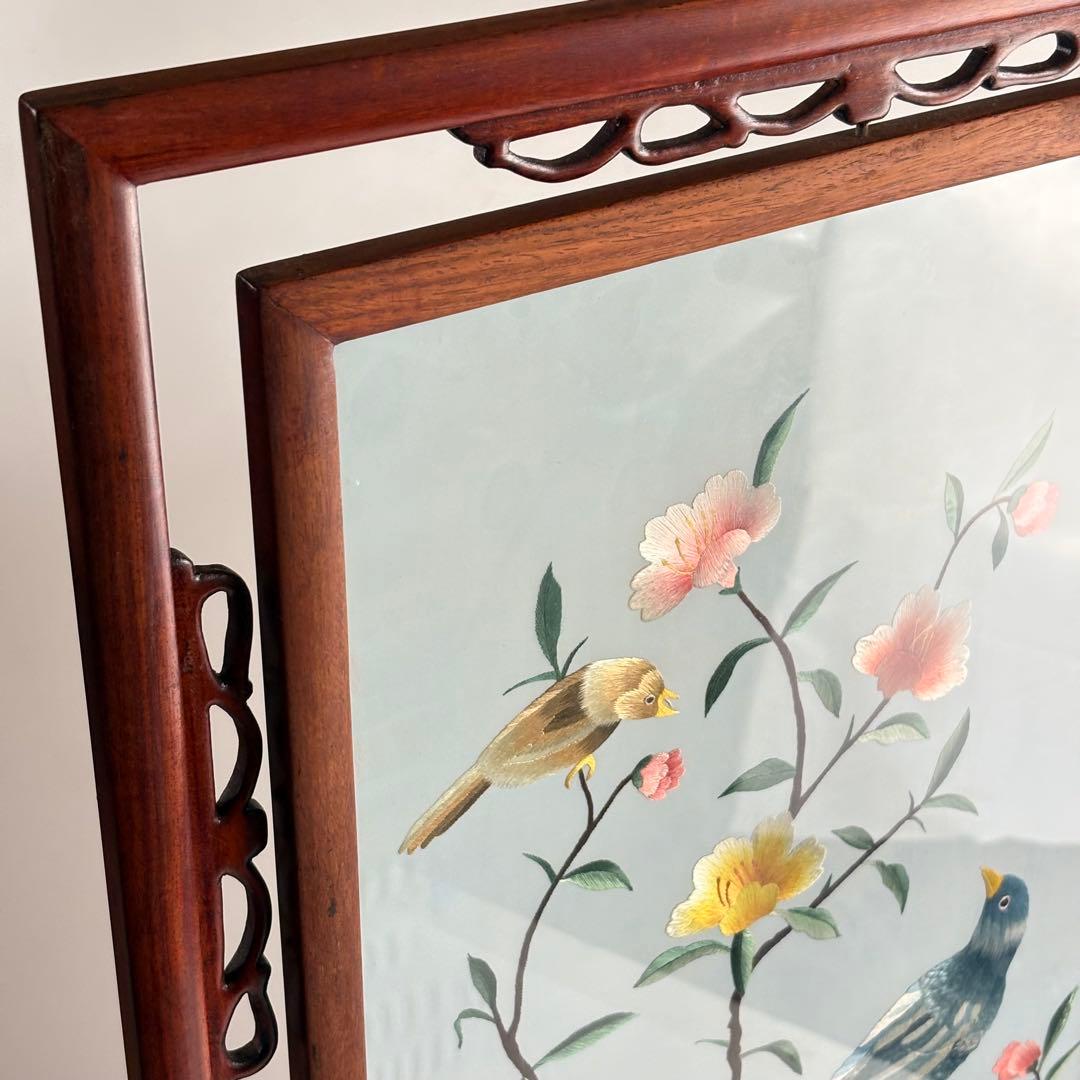 中国美術 中国刺繍 硯屏 両面刺繍 花鳥図